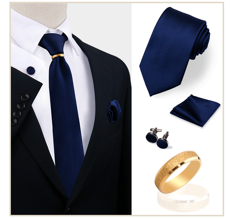 Luxus-Krawattenset in Uni-Farbe für Herren, Krawatte, Taschentuch, Manschettenknöpfe mit goldenem Metallring, Brosche, Anzug, Hochzeit, Herren-Accessoires – Detail 31
