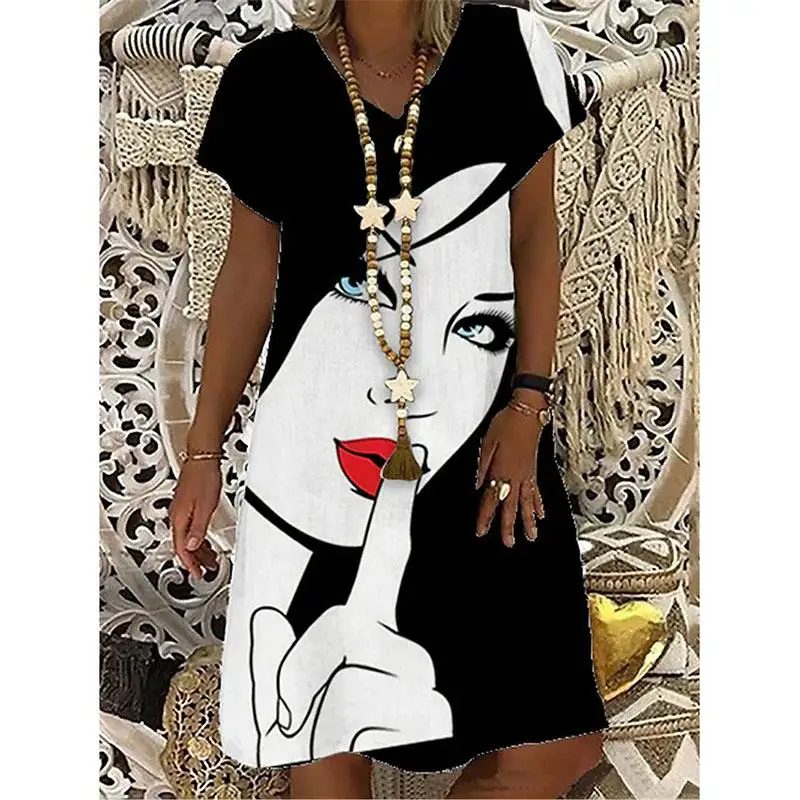 

Women's Shift Dress Knee Length Dress Black Short Sleeve Print Abstract Print Spring Summer V Neck Casual