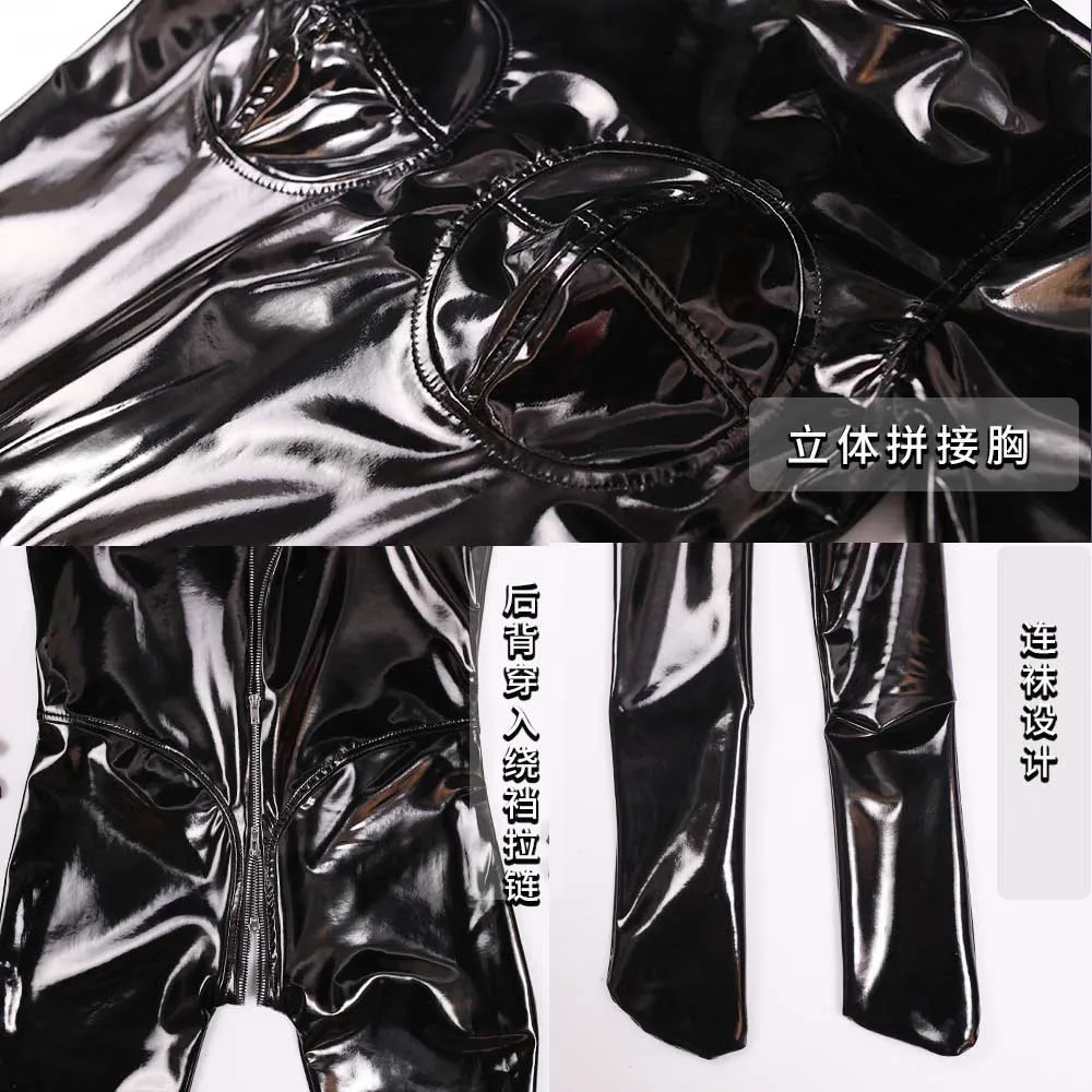 Women Mirror Black Cosplay Bodysuit Elastic Tight Jumpsuit