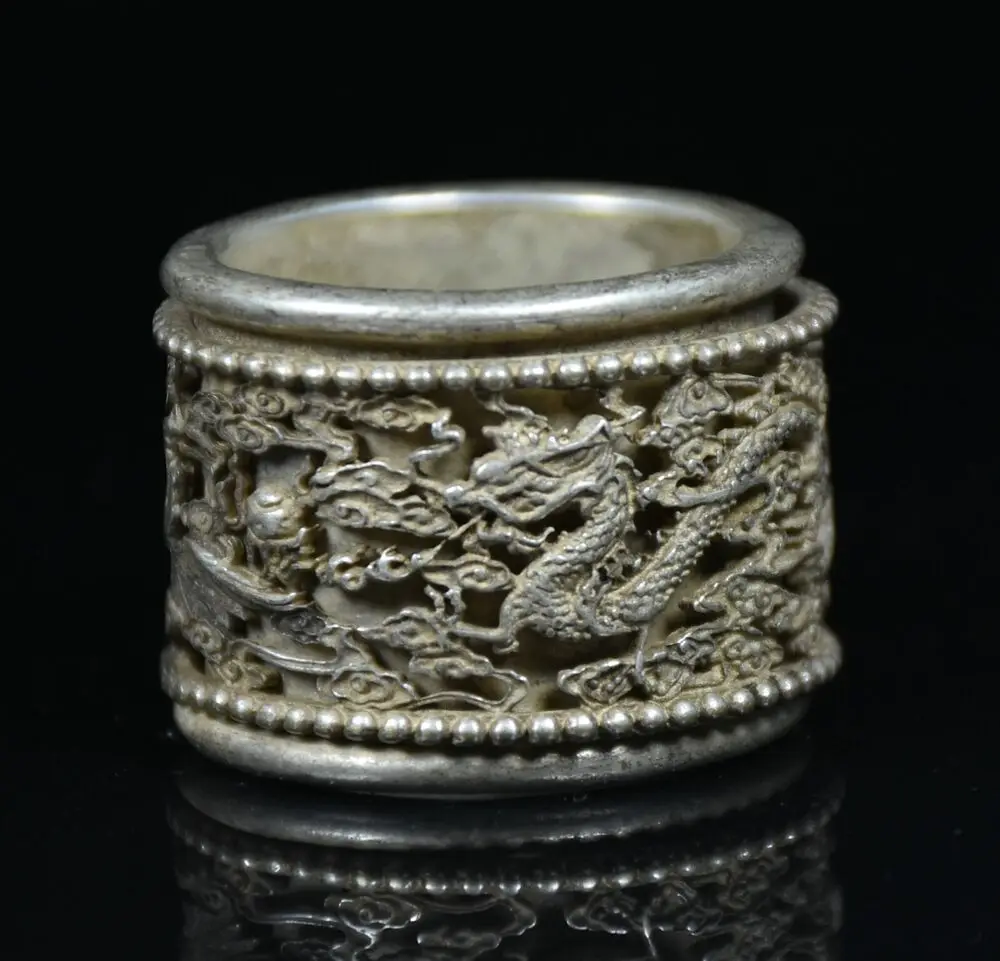 3Cm Rare Old China Miao Silver Feng Shui Dragon And Phoenix Ring