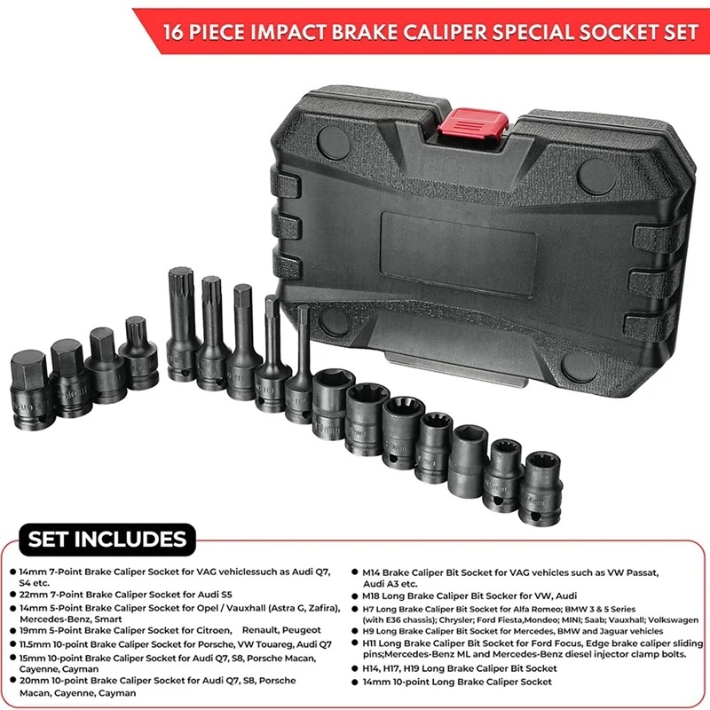16-Piece Impact Brake Caliper Socket Tool Set , 1/2Inch Drive Brake Adjusting Tool For Porsche VW BMW Ford
