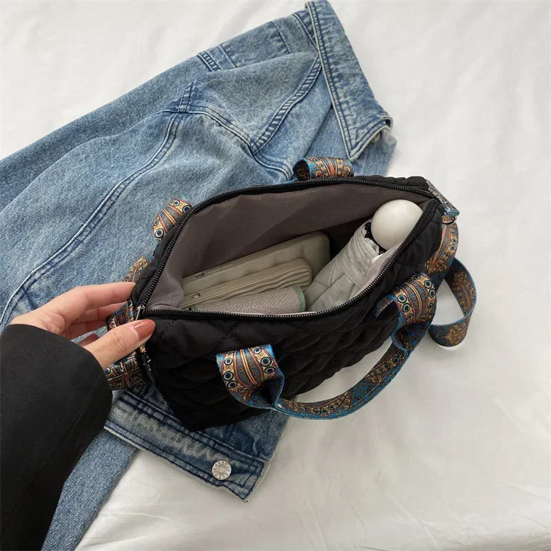 Women Wide Shoulder Belt Handbag Fall/Winter Rhombus Space Cotton Shoulder Bag Large Capacity All-Match Shopping Tote Bag shoulder bag,ladies handbag