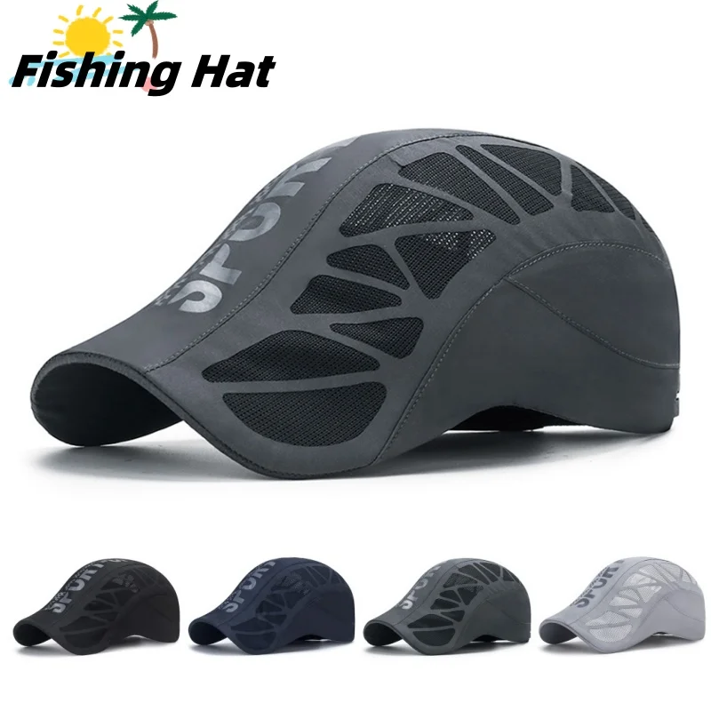 Summer Breathable Mesh Quick Dry Fishing Hat An-ti UV Letter Printed Golf Baseball Cap Sports Running Sunhat Newsboy Beret Cap