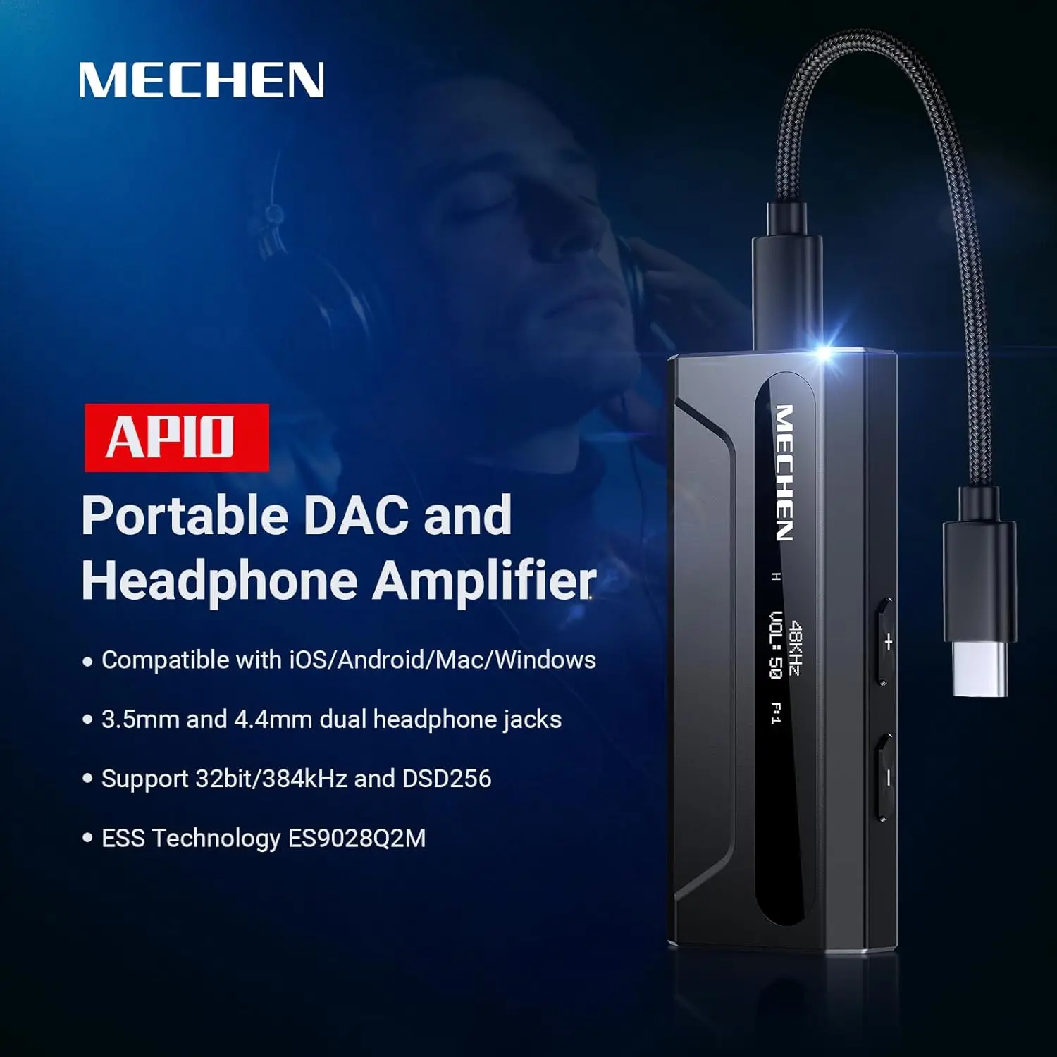 MECHEN AP10 USB-C to AUX DAC 앰프 3.5mm+4.4mm 고해상도 ES9028Q2M DSD256, iPhone 15/16/17 Pro 및 안드로이드용