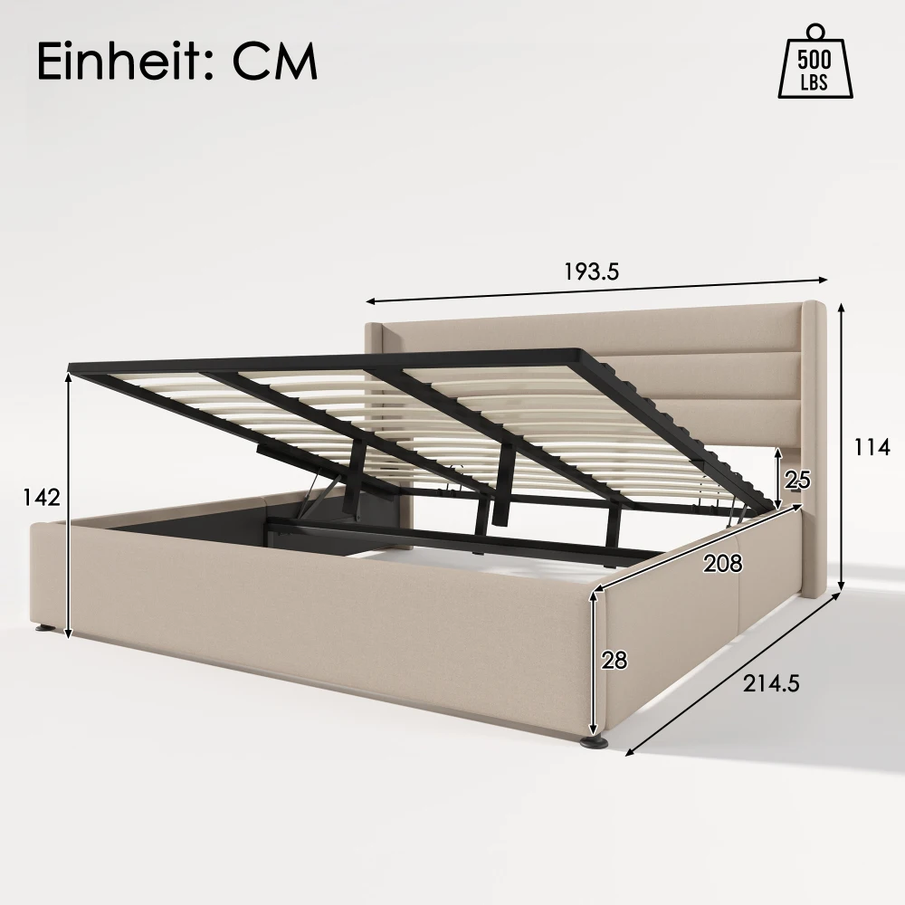 Multifunktionales Hydraulisches Stauraumbett | Beiger Leinen-Holz-Metallgitter-Rahmen | Robustes Doppelbett für kleine Schlafzimmer – Detail 19