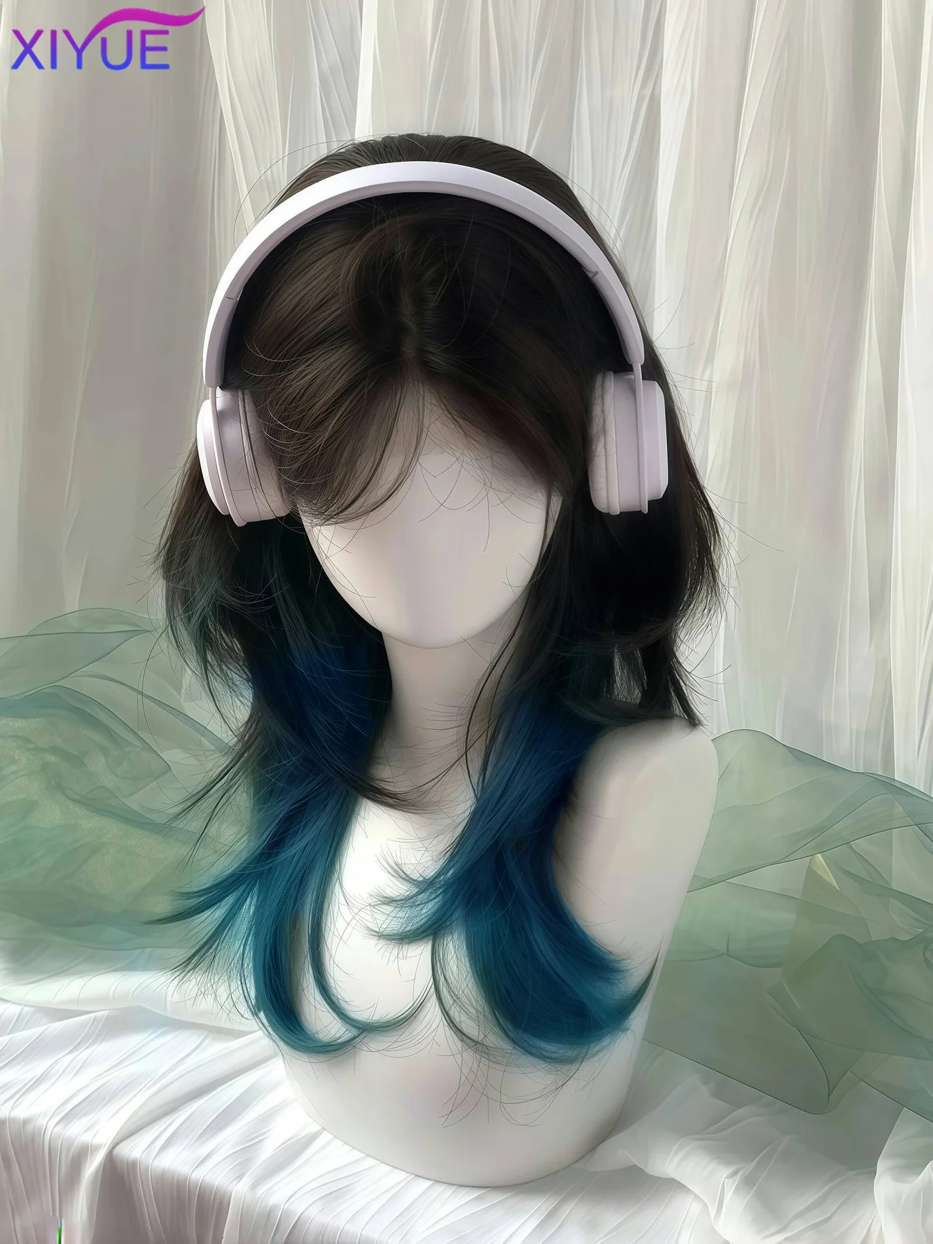 Green Black Wig Female Headband Body Wavy Rose Hair Net Models in French Bangs High Level Simulation Hair Wig 가발