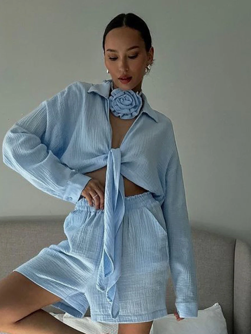 Marthaqiqi Cotton Women Sleepwear Suit Long Sleeve Pajamas Lace Up Nightie Turn-Down Collar Nightwear Shorts Casual Home Clothes