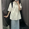 "GIDYQ Women's White Shirt from Korea - Elegant Casual Loose-Fit Short-Sleeve Blouse, College Style Button-Down Shirt, Suitable for Students" 3