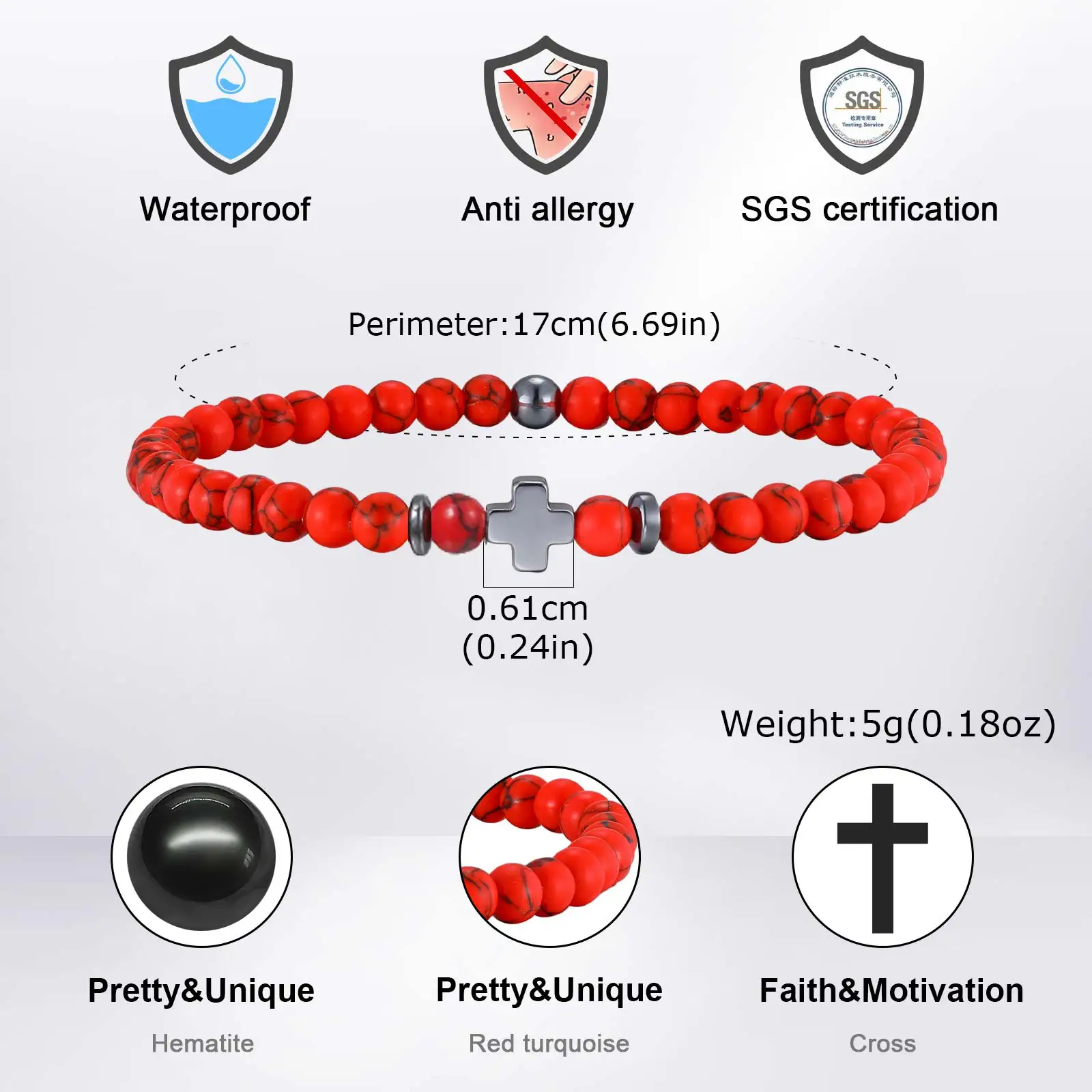 Modische Naturstein Hämatit Kreuz-Armbänder für Männer, Natürliche Achat Rote Türkis Perlen Armband, Christlicher Religiöser Schmuck – Detail 6