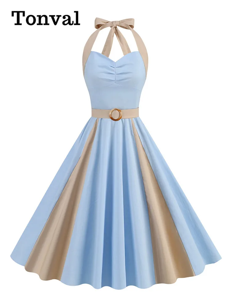 Tonval Brown and Beige Patchwork Vintage Cotton Dresses for Women Sweetheart Neck High Waist Backless Party Dresses 5