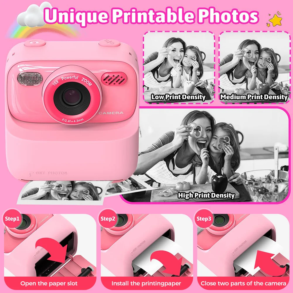 Kids Camera Instant Print, Selfie Digital Camera for Kids Boys& Girls Ideal Kids Toys Gifts HD Instant Print Camera for Kids,