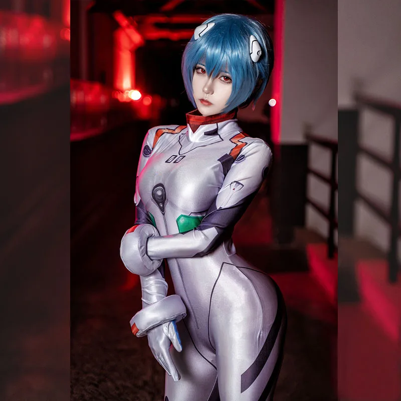 

EVA Ayanami Rei cosplay costume sexy 3D printed white Jumpsuit wig and headdress Halloween gifts