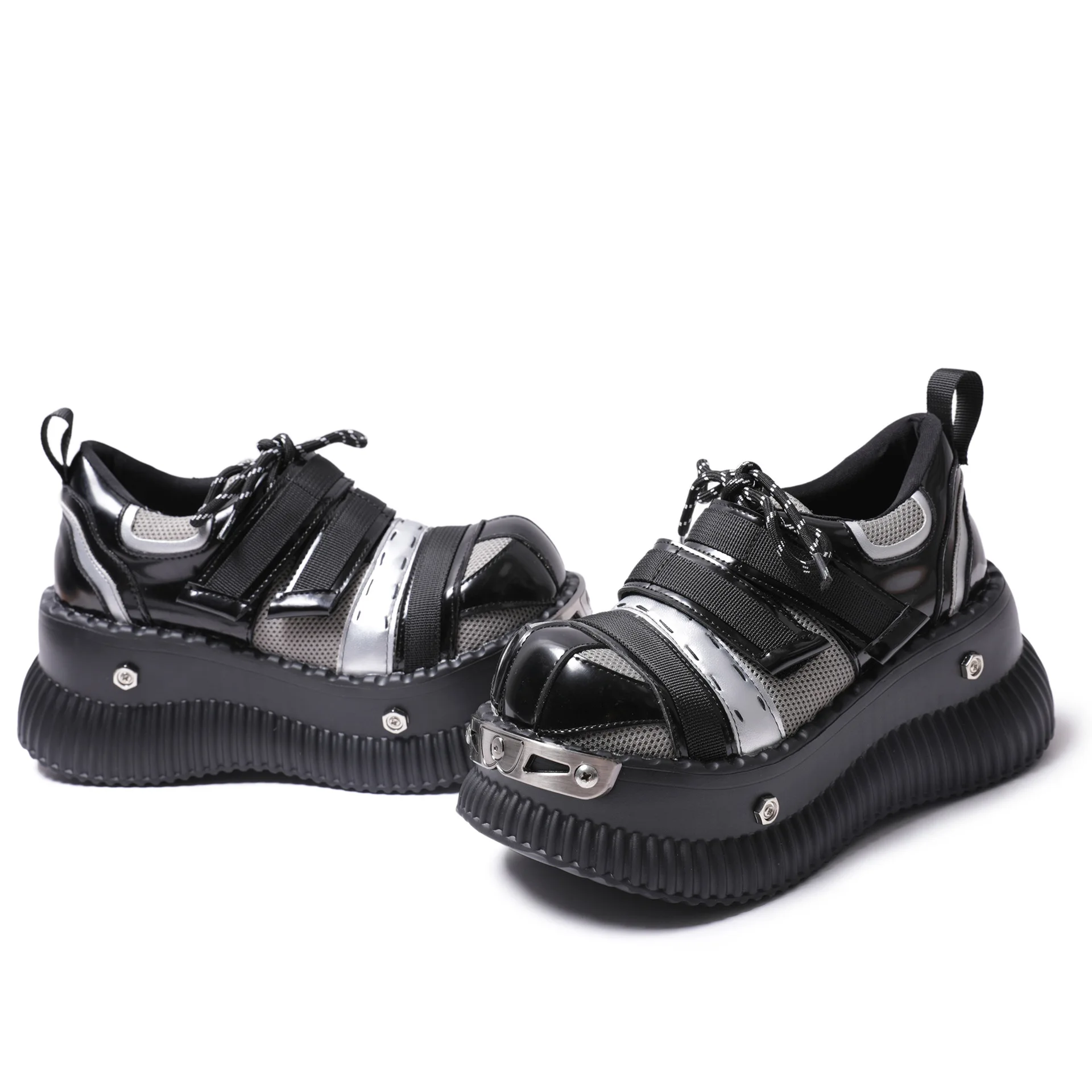 Black Punk Style Metal Decorate Height Increas Ankle Boots Glossy Thick Sole All-Match Casual Shoes Round Toe 7CM Heel Boots 3