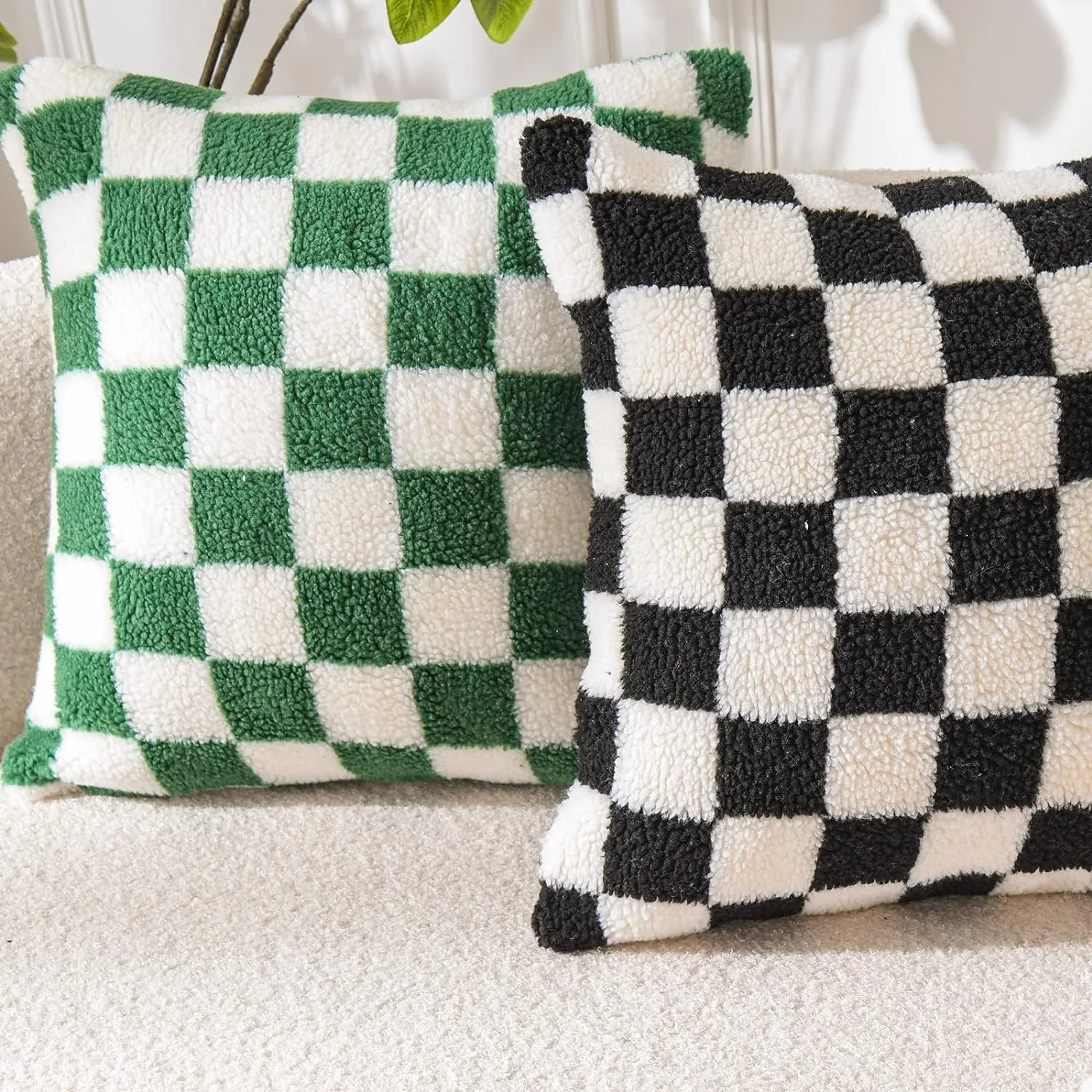 Black Faux Fur Wool Throw Pillow Cover Checked Cushion Cover for Sofa Couch Living Room Polyester Lumbar Pillow Home Decoration 2