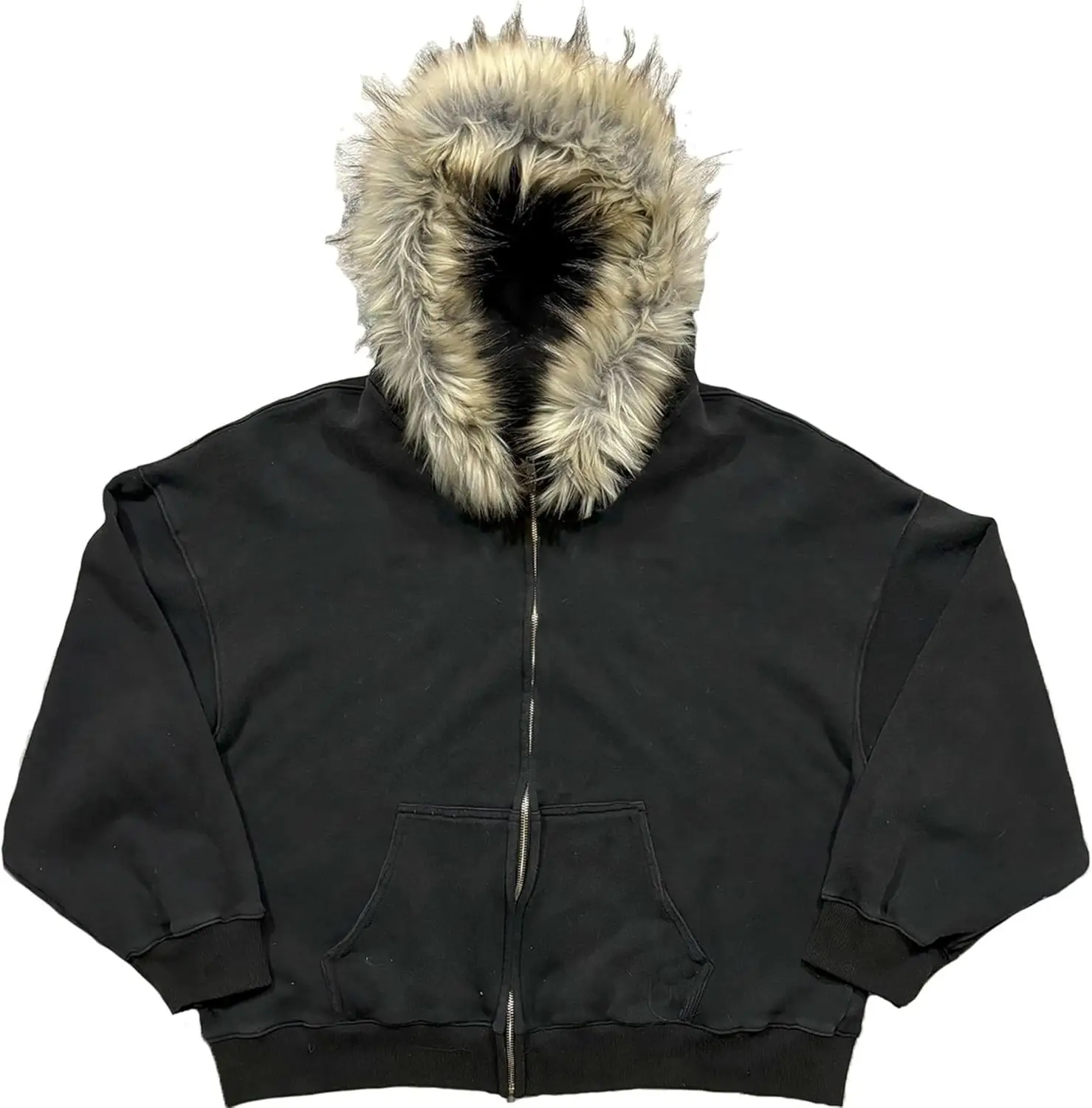 2000s Vintage Therian Fur Hood Jacket Y2k Goth Zip Up Hoodie