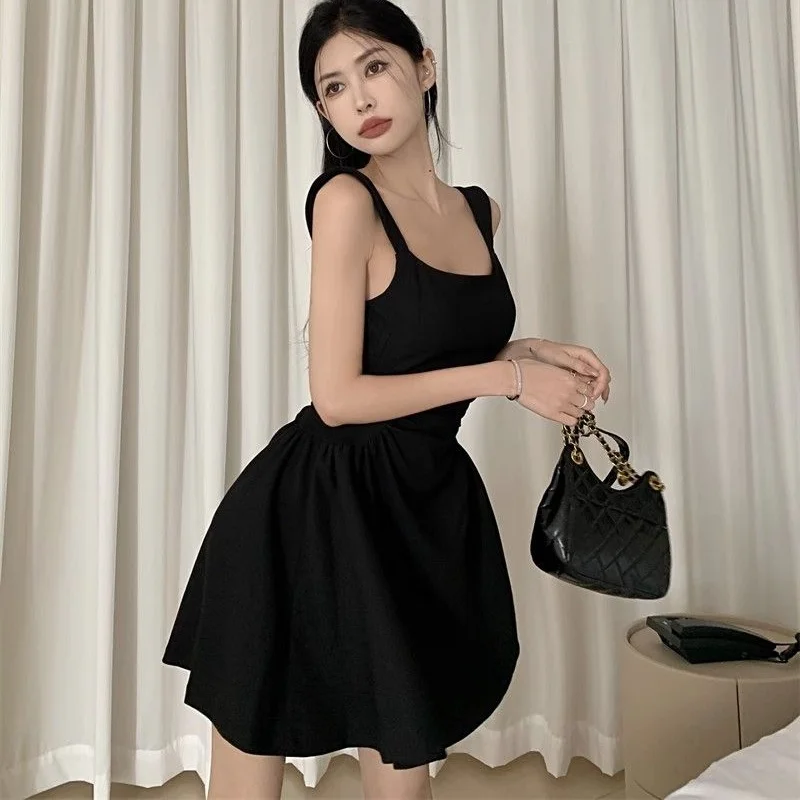 Damen Sommer Einfaches Schmales Kleid Klassisches Einfarbiges Schwarzes Gerafftes Kurzes Kleid Lässiges Zeitloses Party- und Strandkleid – Detail 12