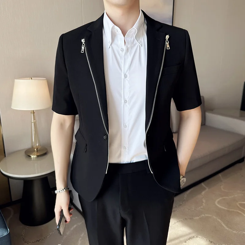Summer Zipper Decoration Blazers Men Casual Business Suit Jacket Slim Fit 3/4 Sleeve Streetwear Social Jacket Men Clothing