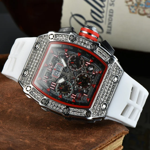 vintage Romantic Watches Luxury Richard new men's high quality diamond quartz watch hollow glass back stainless steel case watch black rubber Romantic Watches discount