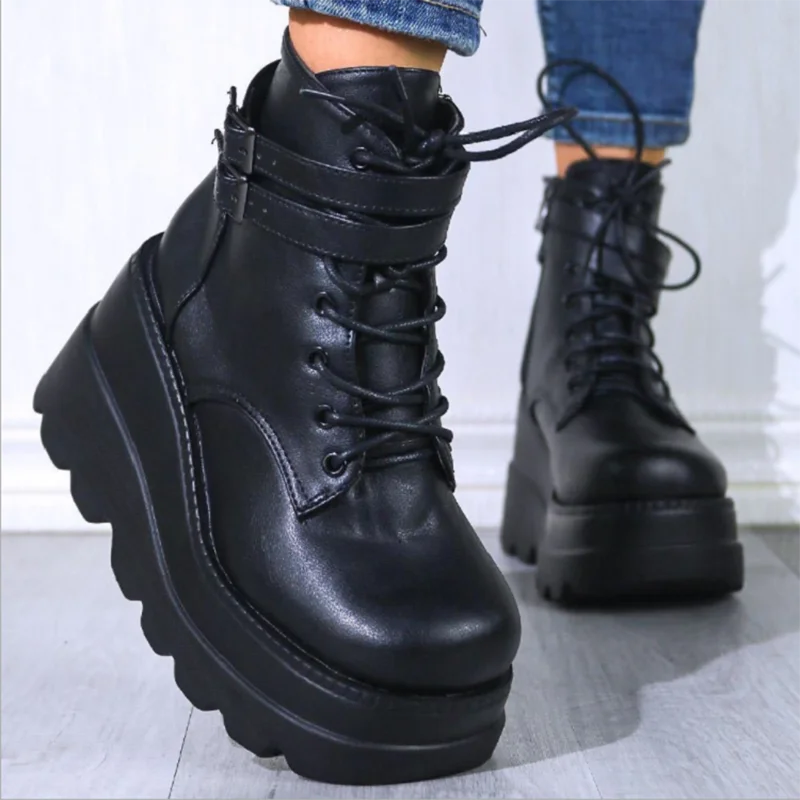 

Punk Gothic Chunky Platform Ankle Boots Women 2023 Autumn Thick Bottom Demonia Boots Woman Plus Size Pu Leather Motorcycle Boots