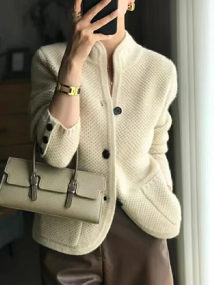사무실 니트 두꺼운 가디건, 스탠드업 칼라 스웨터, 루즈한 코트, 우아한 캐주얼, 시크한 여성용 버튼 포켓 재킷 상의, 겨울