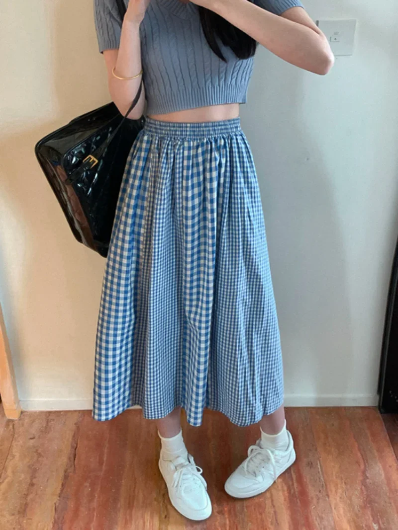 Gaodinglan Vintage Sweet Pink Plaid Print High Waist Women Skirt Summer Korean Versatile A Line Blue Splice Long Skirts Female