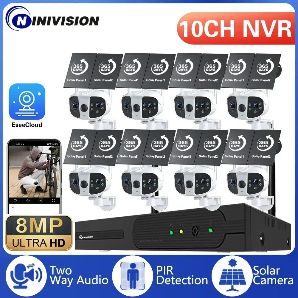

4K 8MP WiFi Dual Panels Solar Panel Battery System Fixed 180° Wide Angle Panorama Camera 10CH NVR Kit Video Surveillance System