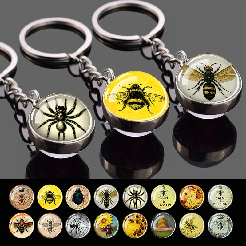 Esspoc Nature Insect Statement Glass Ball Keychain Glowing in Dark Fashion Queen Honey Bee Spider Glass Dome Pendants Keychains
