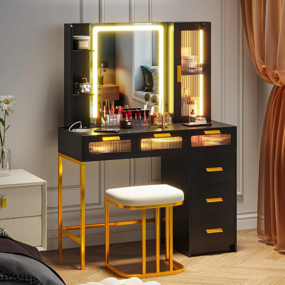 

With Mirror and Light, 39.5 Inches, with Automatic Sensor 3 Color Lights and Charging Stations, 6 Drawers and Open Shelf