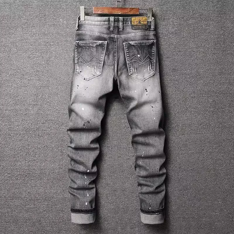 Street Fashion Men Jeans Retro Black Gray Stretch Slim Fit Patched Ripped Jeans Men Painted Designer Vintage Denim Pants Hombre