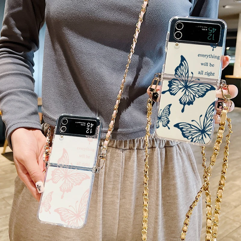 Custodia con cordino in metallo con stampa a farfalla per Samsung Galaxy Z Flip 6 5 4 3 5G Custodia trasparente pieghevole in silicone TPU per Samsung Z Flip5_voghion.com