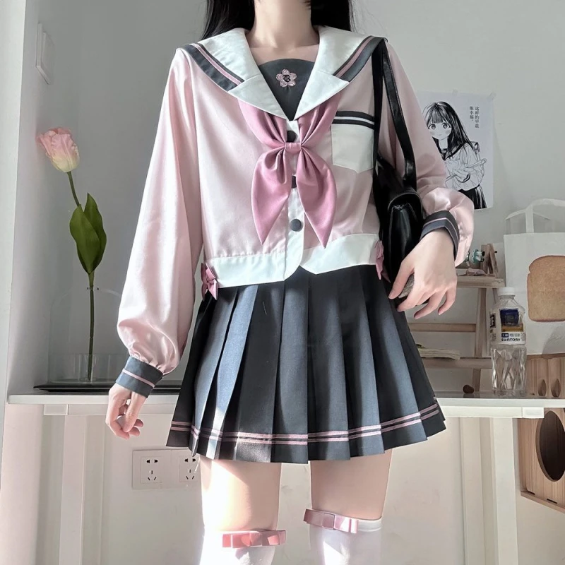 2024 New Japanese Lolita JK Uniform Long Sleeved Top Mini Skirt College Style Sailor Pink Cute Cherry Blossom Summer Autumn Suit