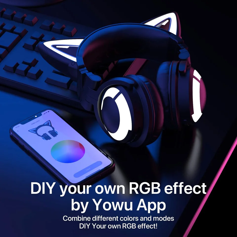 Yowu-RGBライト付きワイヤレスヘッドセット,猫の耳ヘッドセット,HD