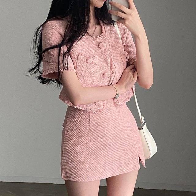 Korean Chic Summer Elegant Round Short Sleeve Pink Tweed Jacket
