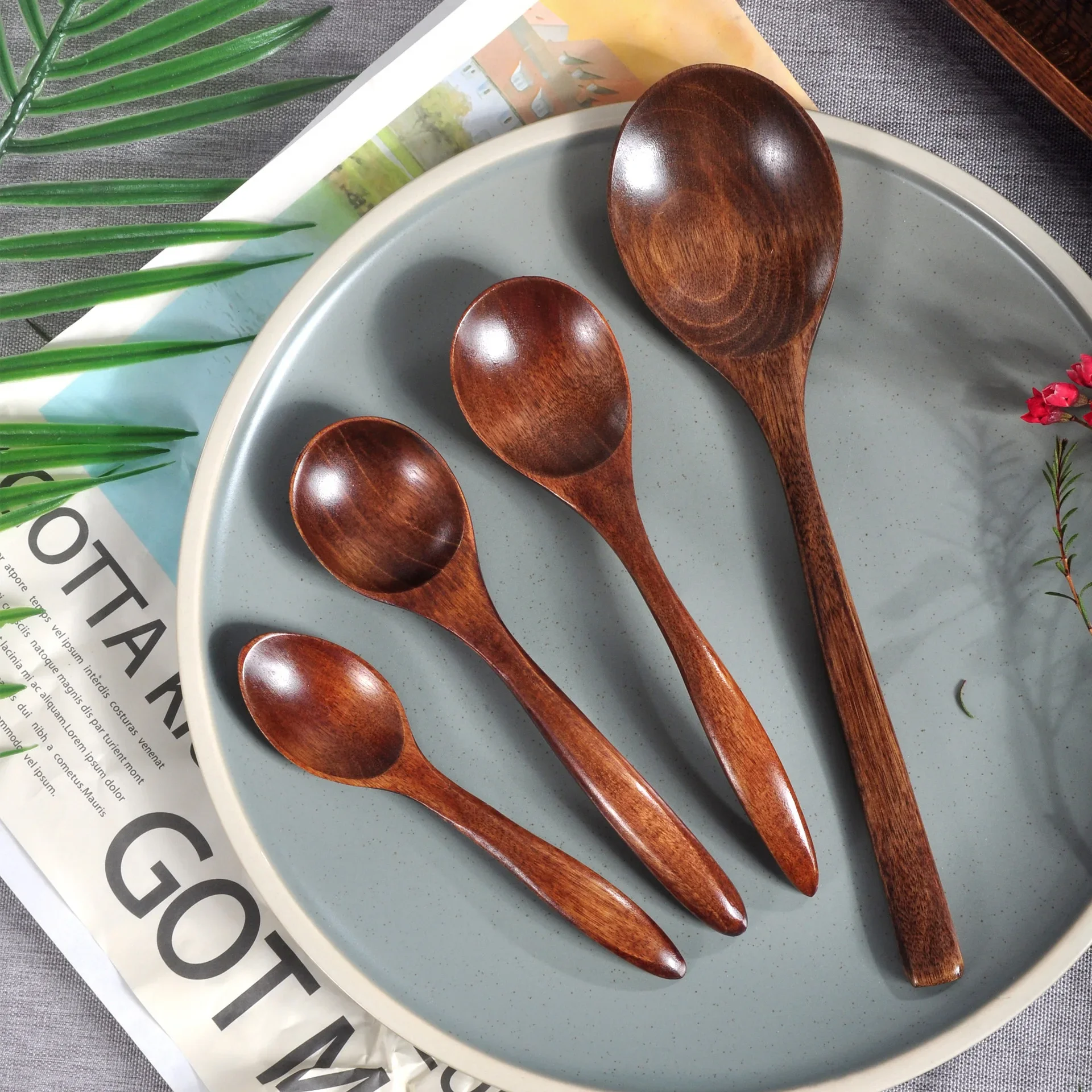Japanese Wooden Spoon Long Handle Ramen Spoon Baby Eating Drinking Porridge Household Wood Tableware Round