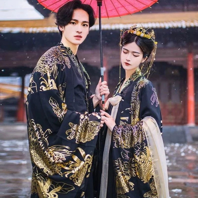 

Vintage Couple Matching Clothing Men Women Ancient Chinese Traditional Dress Suit Tang Dynasty Black Hanfu Set Role Play Costume