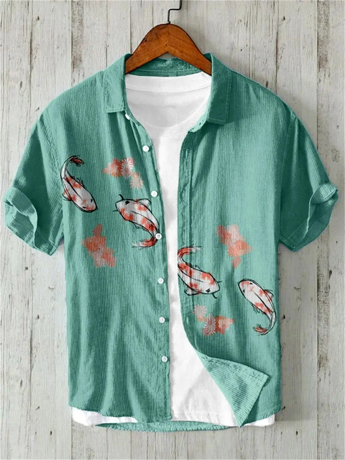 Men's Hawaiian Style Retro Fish Print Short Sleeved Shirt, Casual Linen Top, Loose and Breathable, Fashionable 3