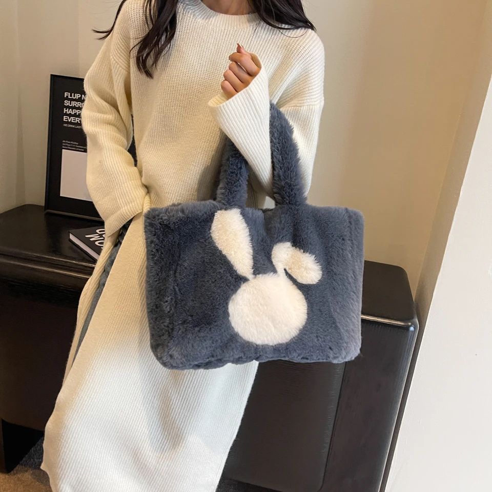 Rabbit Fur Women's Bag Large Plush Eco Bag Korean Furry Shoulder Bag Soft Fluffy Handbag Y2K Sling Bag Bunny Fuzzy Tote Bag Warm