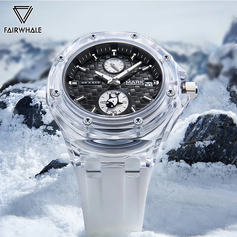 2024 Fashion Men's Watch Brand Mark Fairwhale Transparent Acrylic Quartz WristWatch Sports Silicone Strap Clock Boy Reloj Hombre