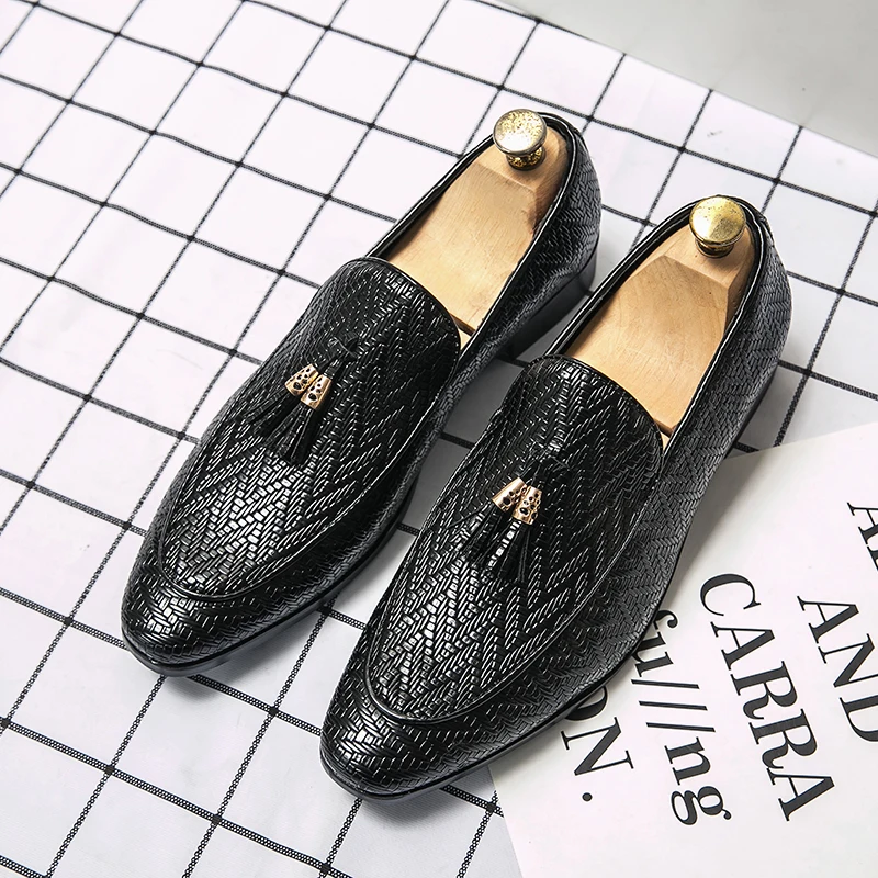 Tassel Plaid Men Loafers Weaving Comfortable Soft Leisure Leather Shoes Size 38-45
