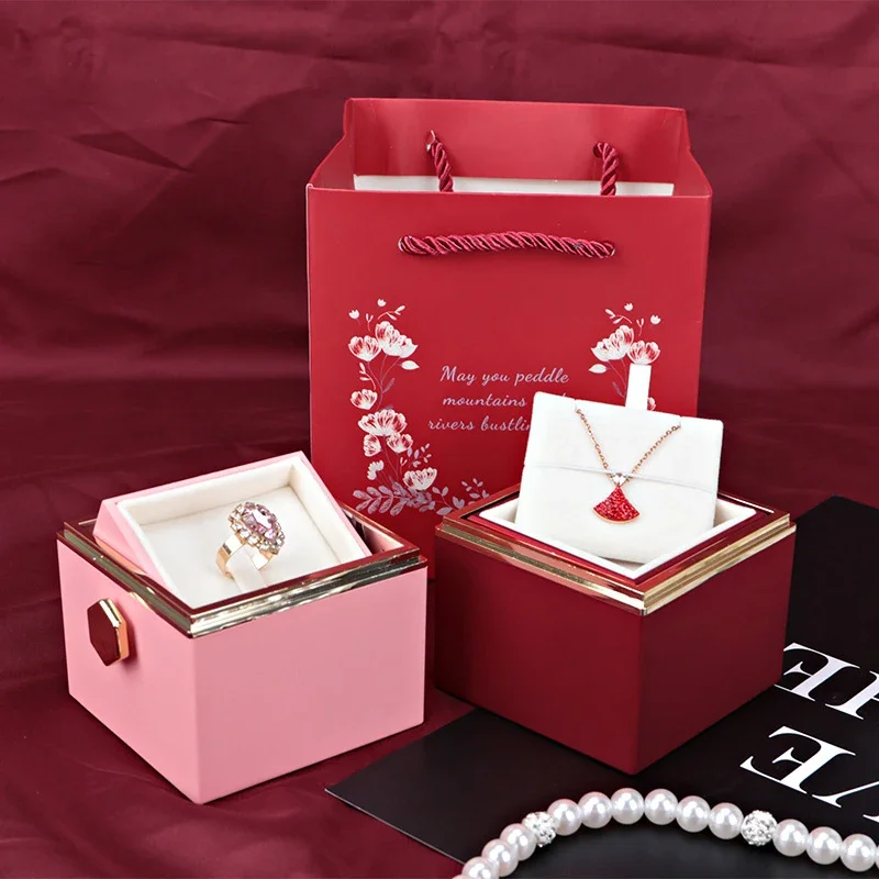 

2023 New Valentine Eternal Rose Jewelry Ring Box Rotate Wedding Pendant Necklace Storage Case for Women Girlfriend Gift Box