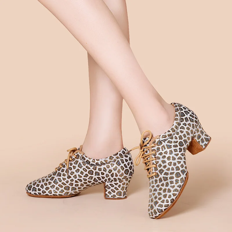 Latin Dance Shoes Female Adult High-heeled Square Social Dance Shoes Indoor Sports Breathable Shoes Cloth Leopard Print