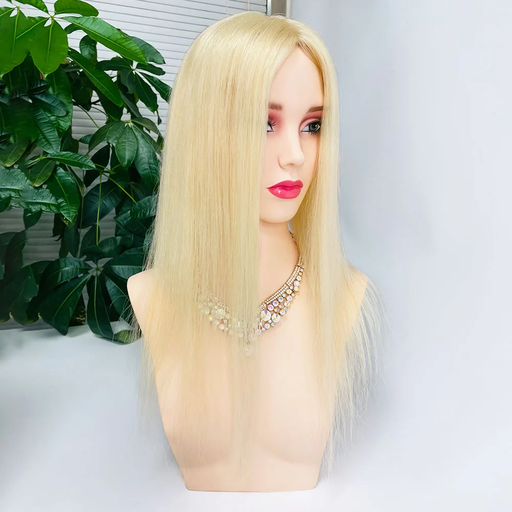 613 컬러 실크 베이스 레미 인모 헤어 토퍼 15x16CM 자연스러운 두피 실크 탑 헤어피스 블론드 실키 스트레이트 헤어 토퍼 (여성용)
