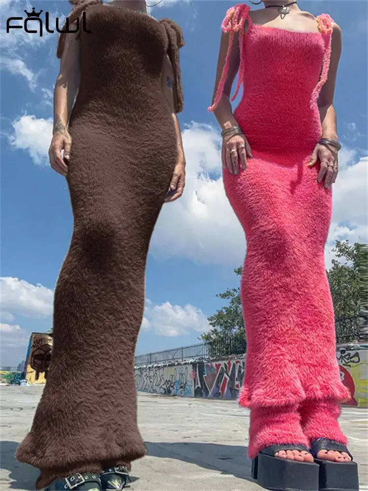 

Habbris Pink Sexy Plush Long Dress Party Club Outfits For Women 2023 Autumn Winter Brown Bandage Maxi Dress Strapless Camisole