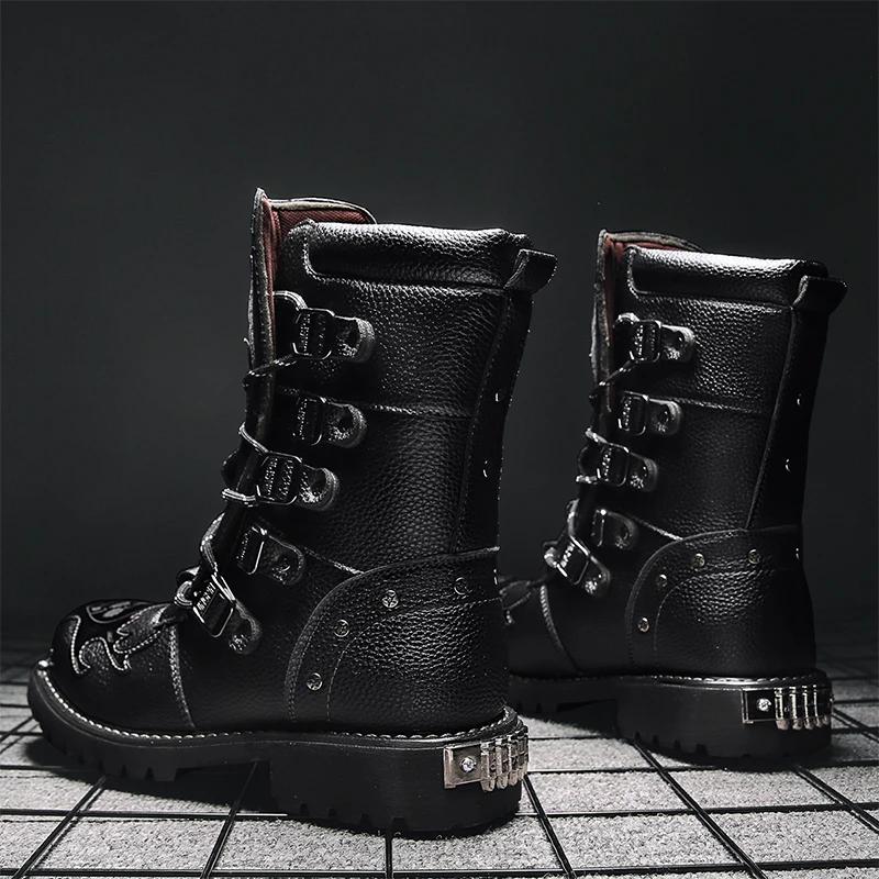 Black Leather Men's Platform Ankle Boots Square Toe Lace Up Shoes_voghion.com