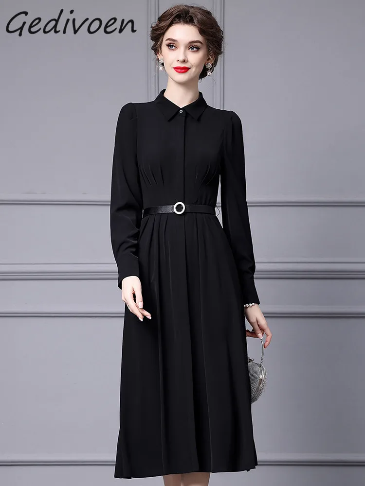 

Gedivoen Autumn Fashion Designer Black Elegant Party Dress Women's Lantern Sleeve Sashes Gathered Waist Slim A-LINE Long Dress