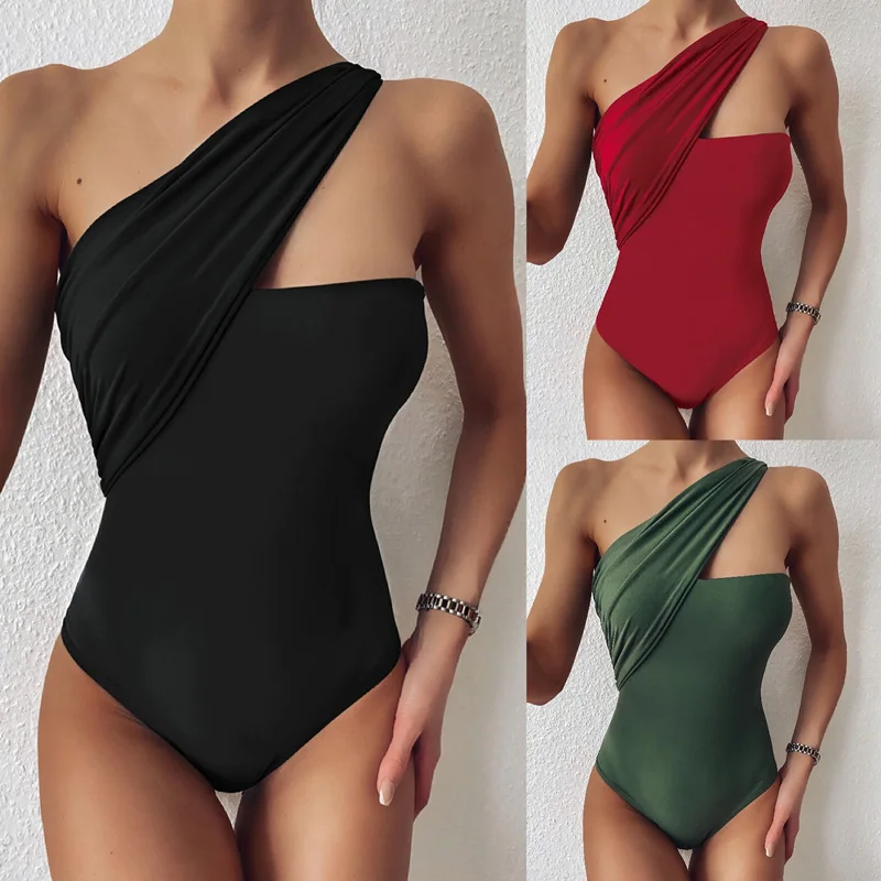 

Women 2023 Sexy One Shoulder One Piece Bikini Solid Black Swimsuit Bandage Swimwear Bodysuits Female bathers Bandeau Monokini
