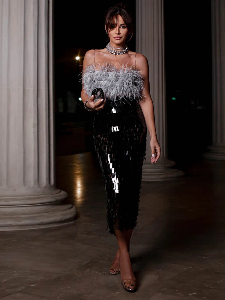 

2023 New Summer Women's Sexy Luxury Sequin Feather Strapless Top+Skirt Two Piece Off Shoulder Sequin Splice Set