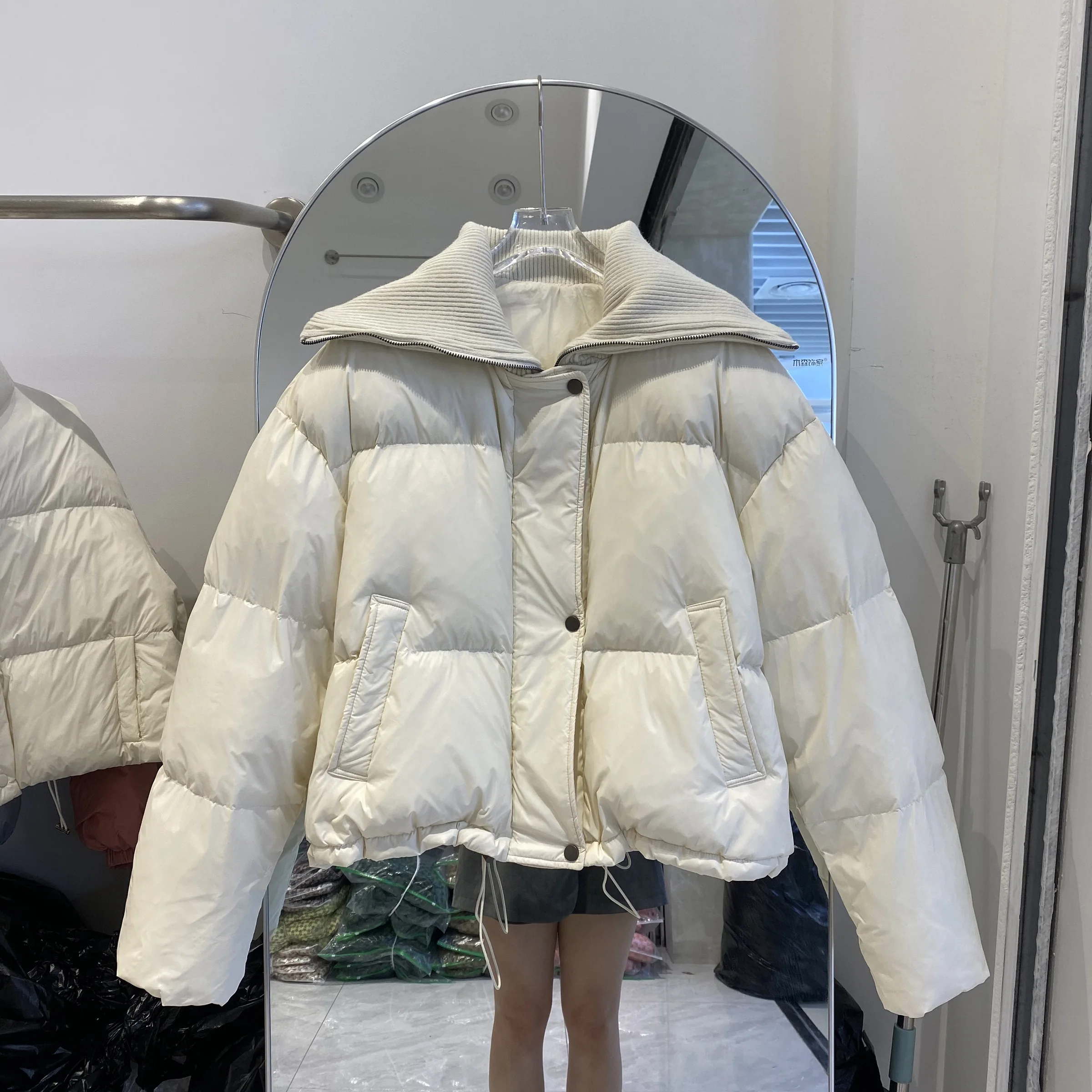 

New Knitting Collar Down Jacket Women Loose Fashion Long Sleeve Casual Warm Lapel White Duck Down Coat Clothes L388