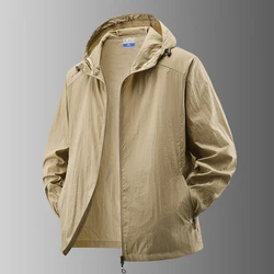 Men's Summer Waterproof Hooded Sports Jacket - Lightweight, Sun - Protective, Outdoor Activewear - 3XL 175CM 77 - 83Kg (Khaki)