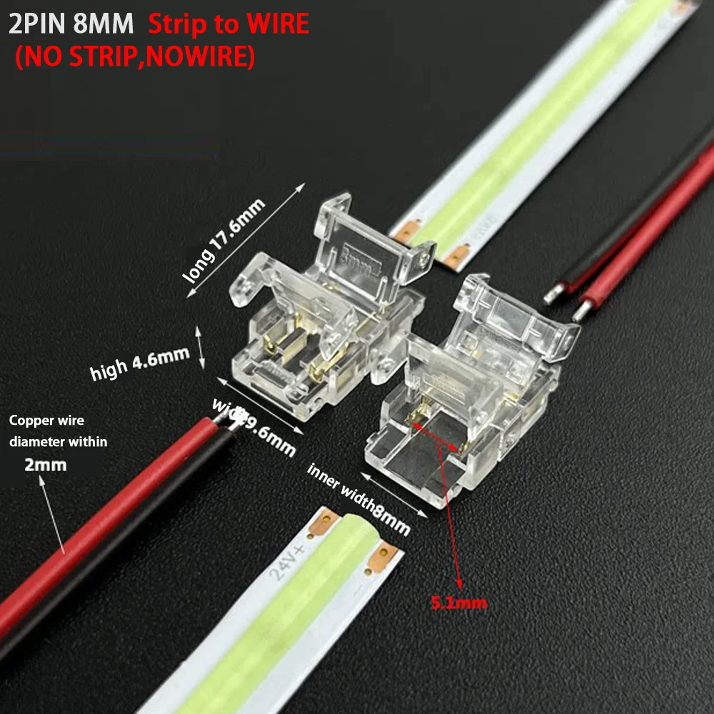 10PCS COB LED Wire Connector 2Pin 5 8 10mm Connection Solderless Mini Buckle Strip To Wire No Dark Area Connector